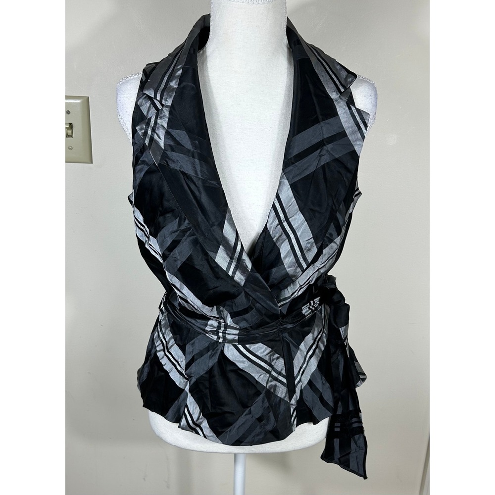 VTG Patra Wrap Top Women 8 Black Silver‎ Plaid Metallic 90s Grunge Dark Academia